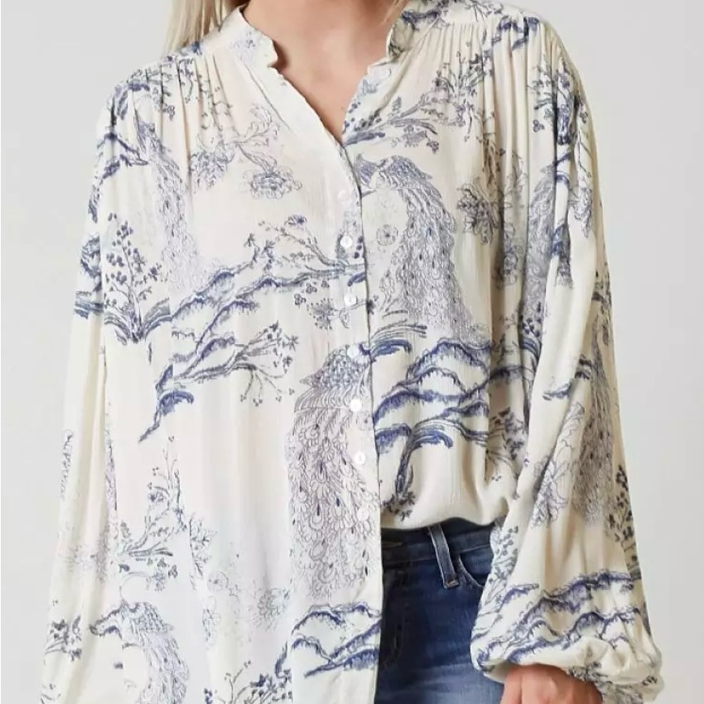 Free People Cream and Blue Floral Blouse